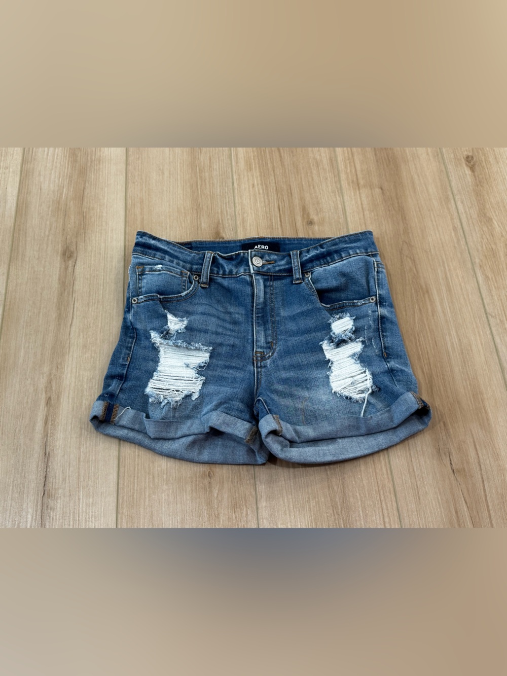 AERO High Rise Midi Distressed Denim Shorts Size 10 Rolled Cuff